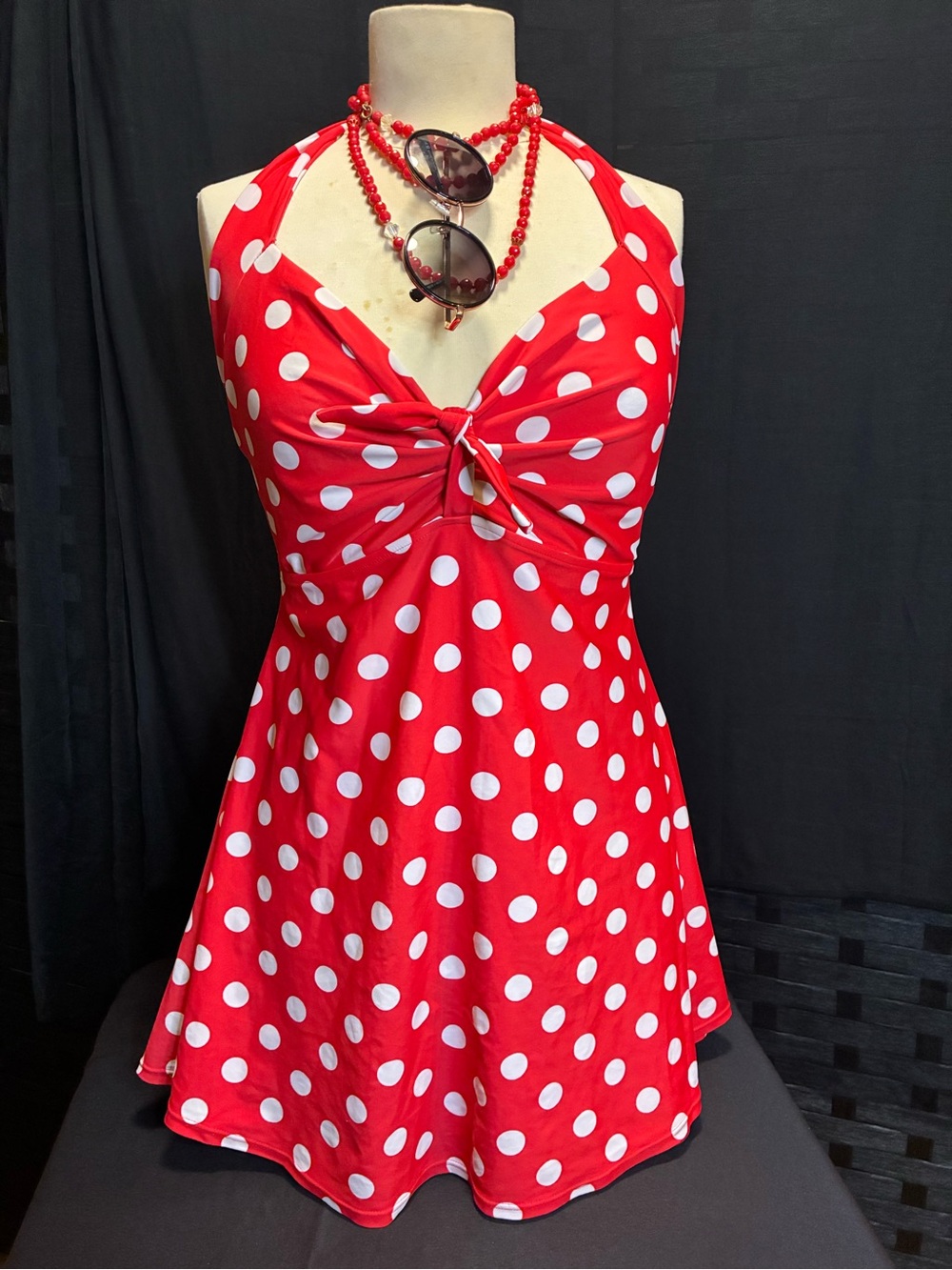 COCOSHIP Red and White Polka Dot Swimdress